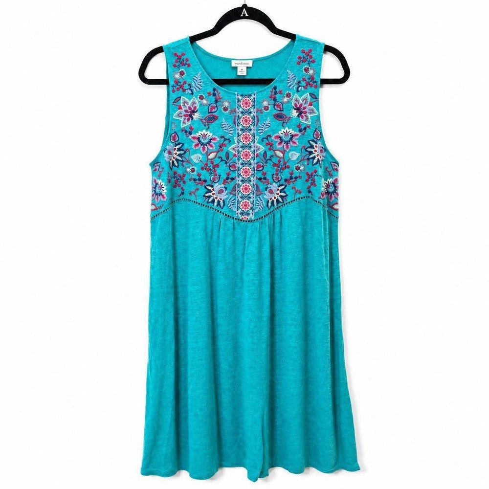 Sundance Dress Women Medium Teal Blue Floral Embroidered Linen Sleeveless Boho